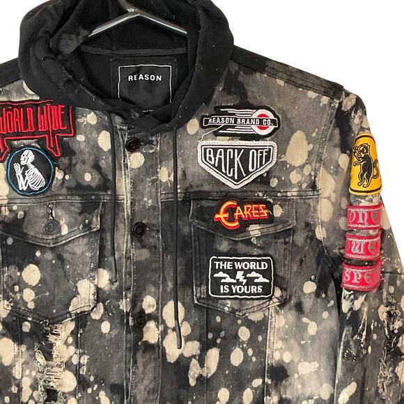 Reason NYC Moto Hooded Denim Jacket Mens XL Distressed Bleach Splatter Patches - Picture 12 of 16